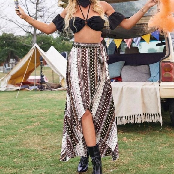 . Dresses & Skirts - Brown Tribal Boho Ditsy Floral Print Knot Side Wrap Skirt